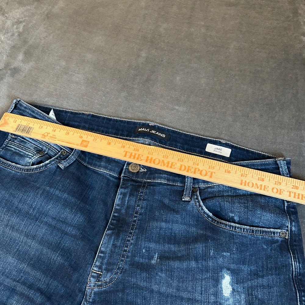 Mavi Jake Slim Leg Jeans Mens 38x28 Dark Wash Blue Distressed Stretch Denim - Picture 8 of 12